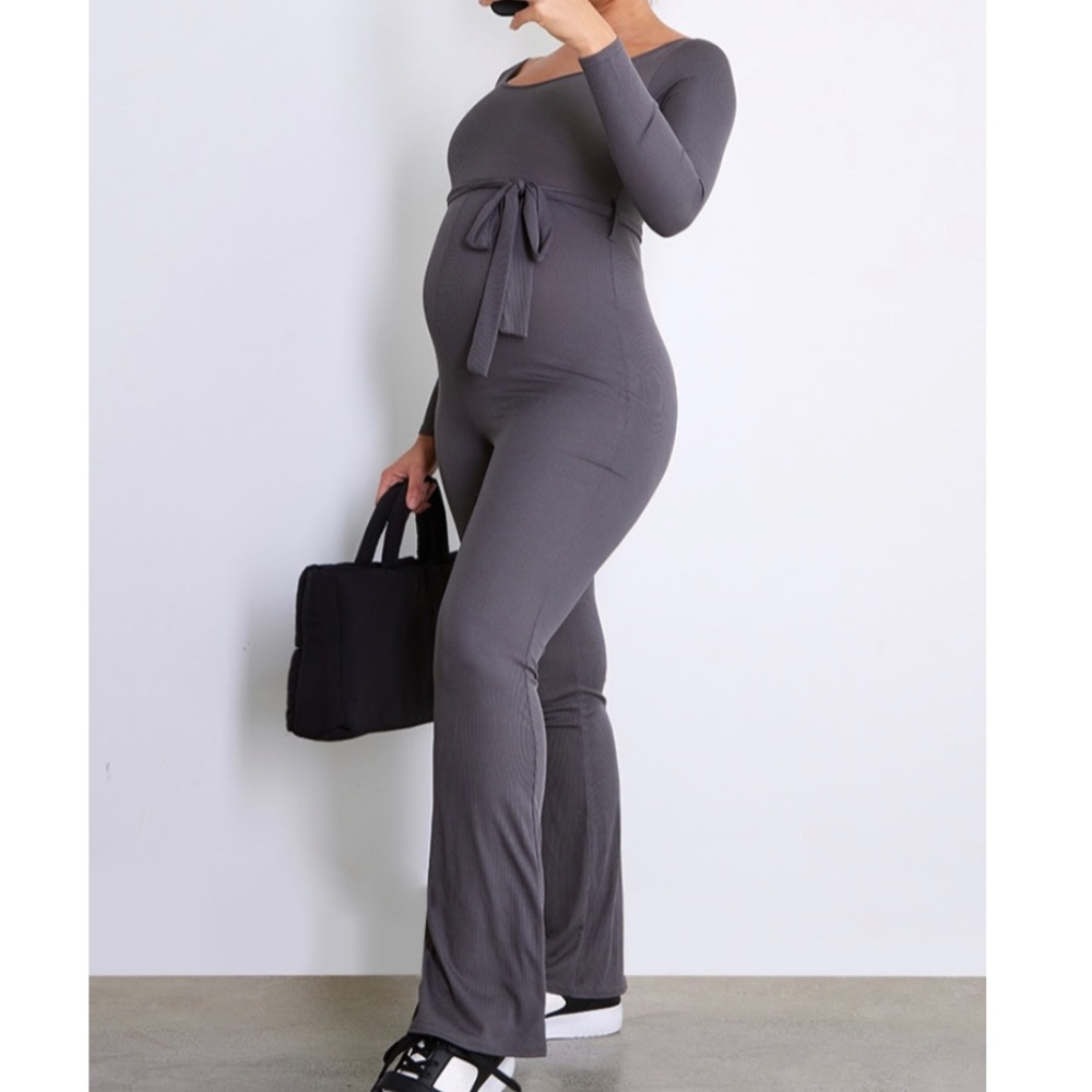 Maternity Grey Rib Tie Waist Jumpsuit